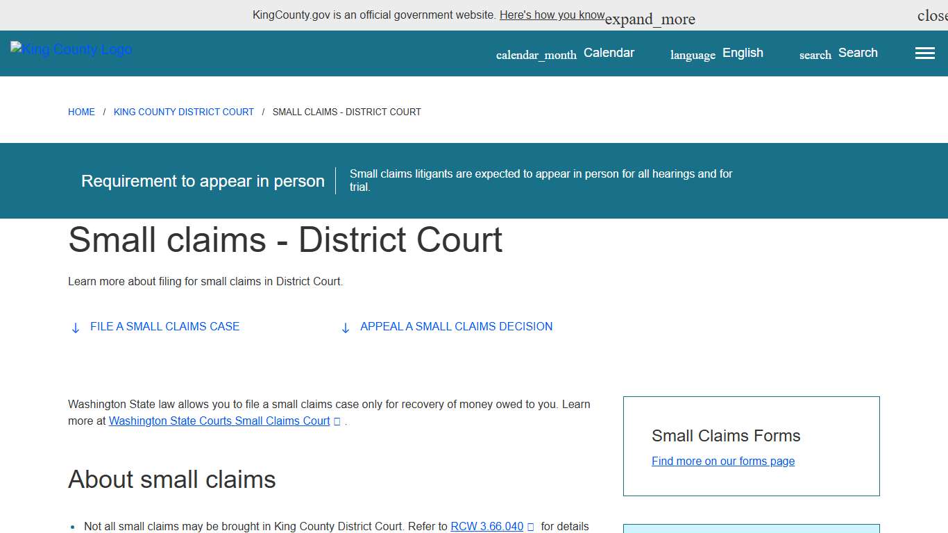 Small claims - District Court - King County, Washington