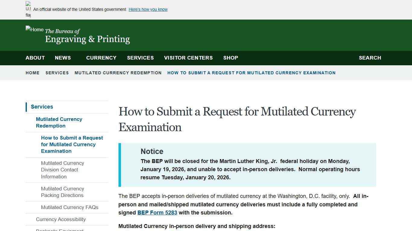 How to Submit a Request for Mutilated Currency Examination Engraving & Printing